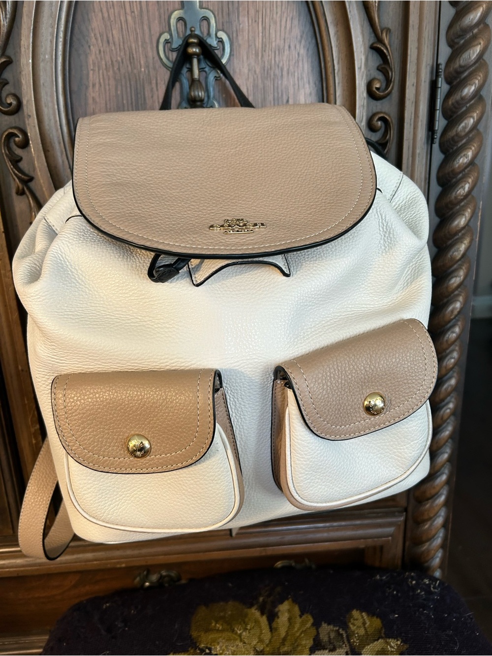 NWOT Coach Pennie Two-Tone Tan & Cream Pebbled Leather Backpack